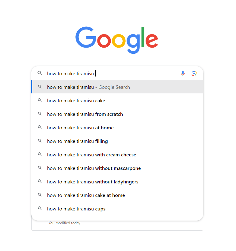 Homepage Google Search of the phrase "how to make tiramisu"